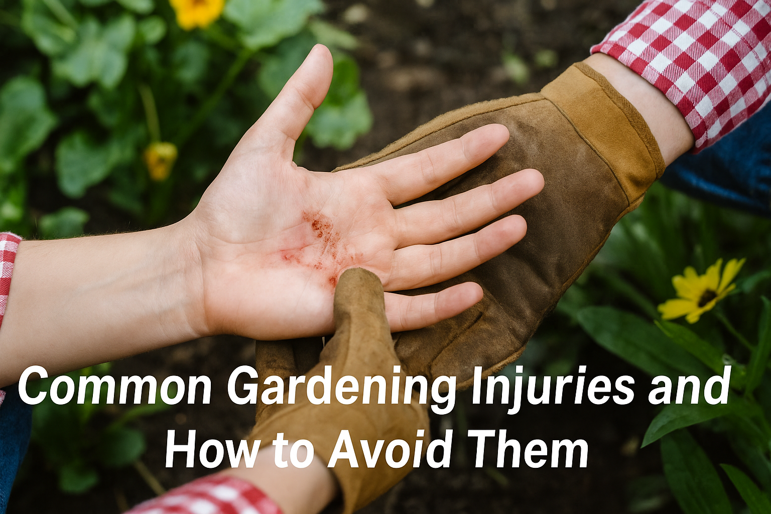 An injured gardener’s hand showing a scrape while being supported by another person wearing gardening gloves, emphasizing common gardening injuries and prevention tips